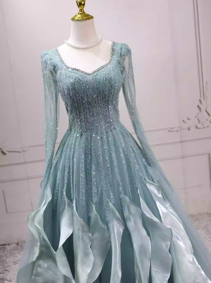 Chic Long Sleeve Green Ball Gown Sequins Ruffles Sweet 16 Dresses C8266