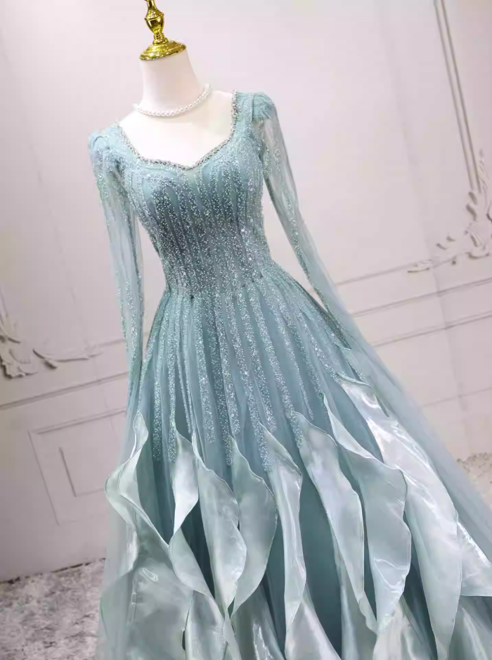 Chic Long Sleeve Green Ball Gown Sequins Ruffles Sweet 16 Dresses C8266