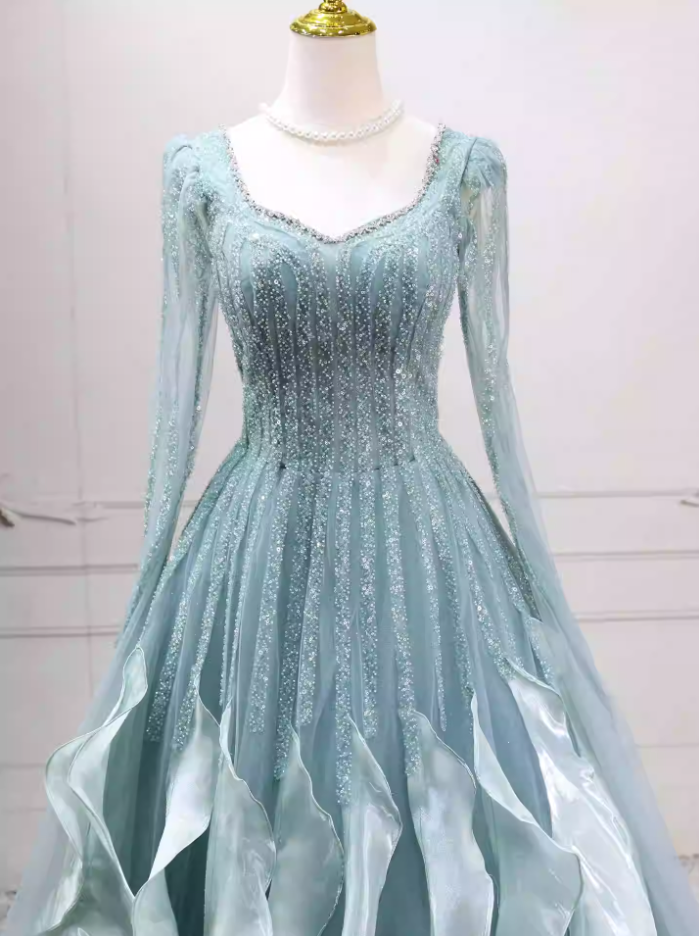 Chic Long Sleeve Green Ball Gown Sequins Ruffles Sweet 16 Dresses C8266