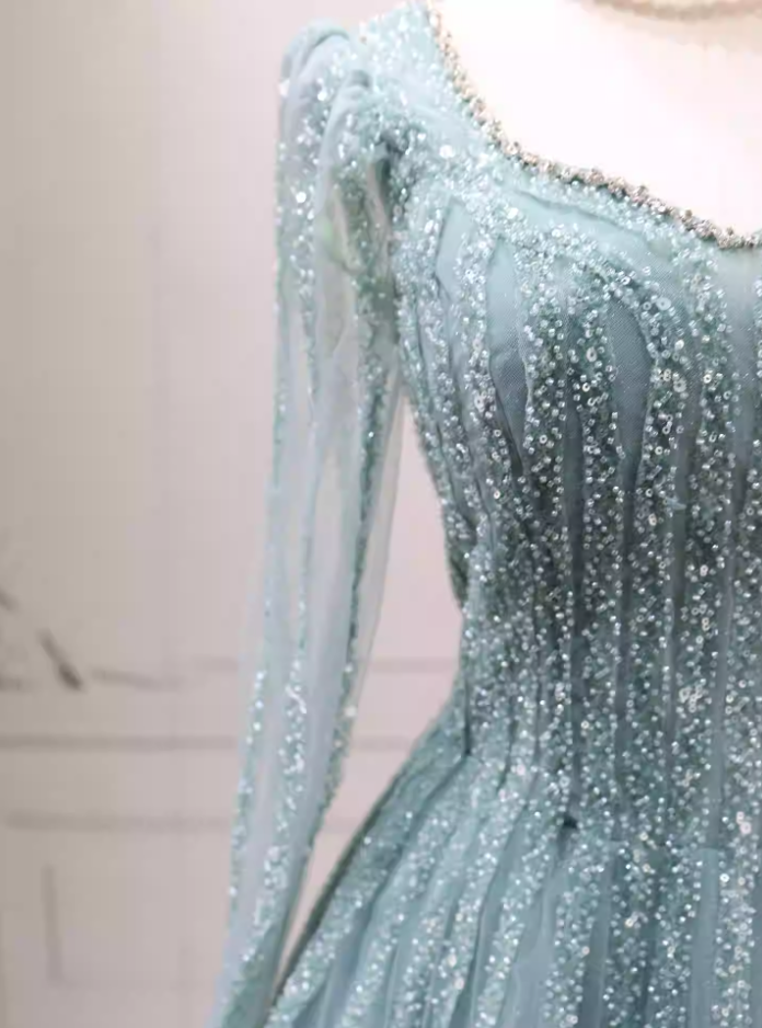 Chic Long Sleeve Green Ball Gown Sequins Ruffles Sweet 16 Dresses C8266