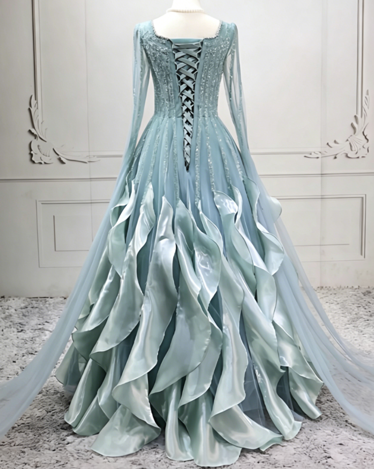 Chic Long Sleeve Green Ball Gown Sequins Ruffles Sweet 16 Dresses C8266