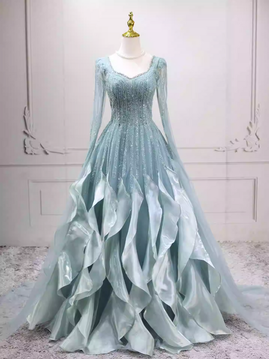 Chic Long Sleeve Green Ball Gown Sequins Ruffles Sweet 16 Dresses C8266