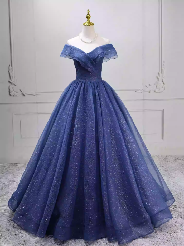 Unique Off-the-Shoulder Blue Ball Gown Tulle Sweet 16 Dresses C8270