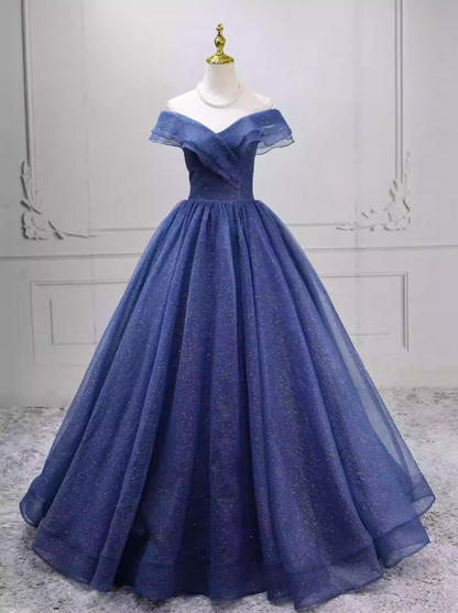 Unique Off-the-Shoulder Blue Ball Gown Tulle Sweet 16 Dresses C8270
