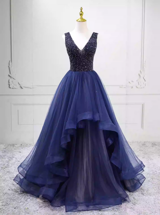 Simple V Neck Blue Ball Gown Long Tulle Sweet 16 Dresses C8271
