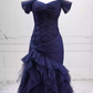 Charming Off-the-Shoulder Navy Blue Prom Dress Tulle Mermaid Formal Dress C8274