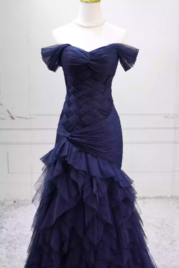 Charming Off-the-Shoulder Navy Blue Prom Dress Tulle Mermaid Formal Dress C8274