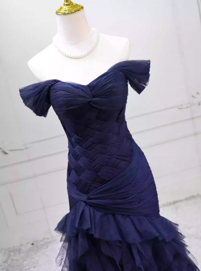 Charming Off-the-Shoulder Navy Blue Prom Dress Tulle Mermaid Formal Dress C8274