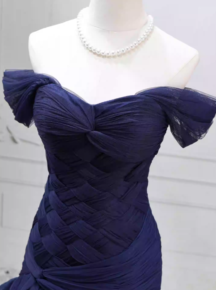 Charming Off-the-Shoulder Navy Blue Prom Dress Tulle Mermaid Formal Dress C8274