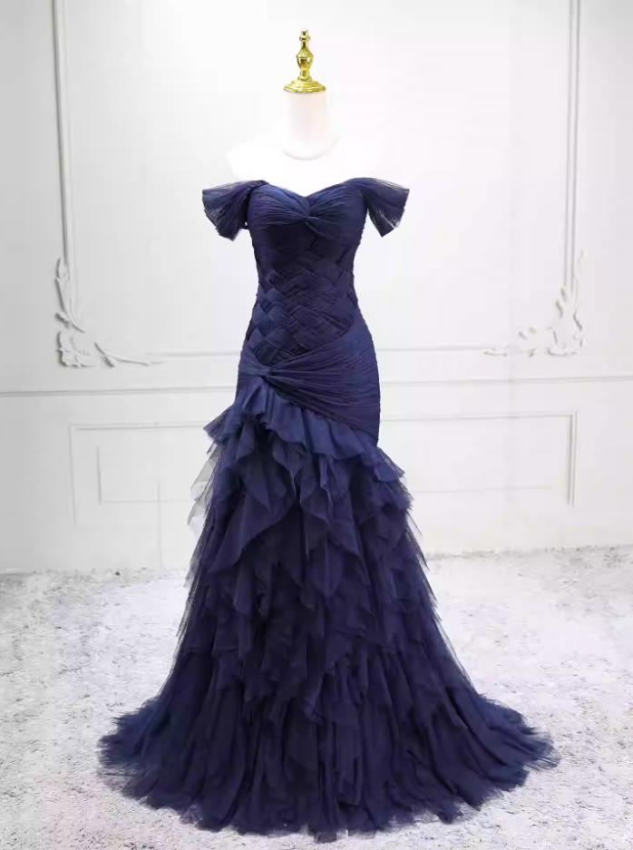 Charming Off-the-Shoulder Navy Blue Prom Dress Tulle Mermaid Formal Dress C8274