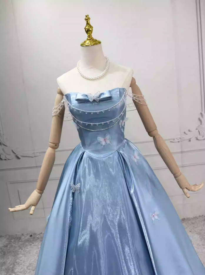 Unique Off-the-Shoulder Blue Ball Gown Beading Appliques Sweet 16 Dresses C8275