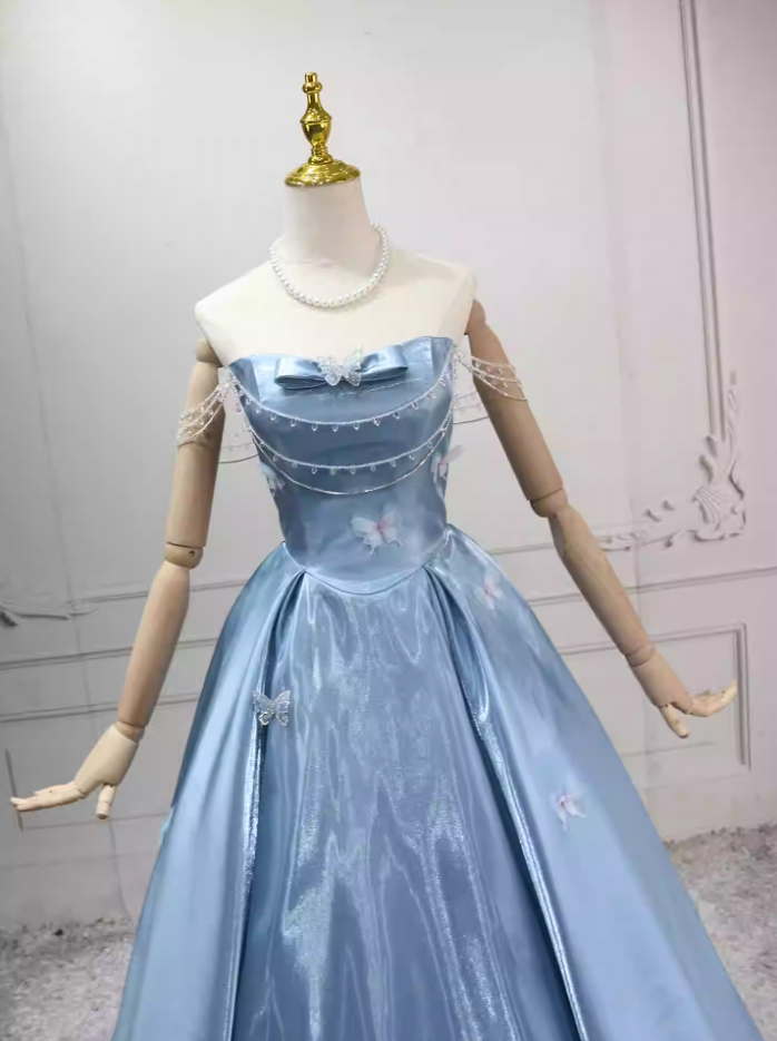 Unique Off-the-Shoulder Blue Ball Gown Beading Appliques Sweet 16 Dresses C8275