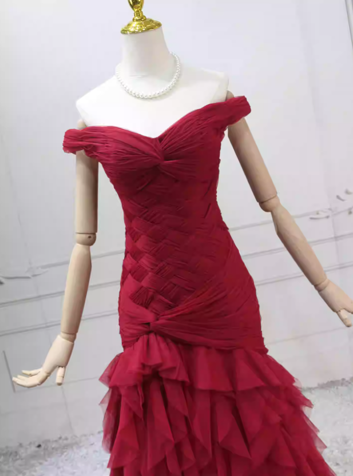 Sexy Off-the-Shoulder Red Prom Dress Tulle Mermaid Formal Dress C8279