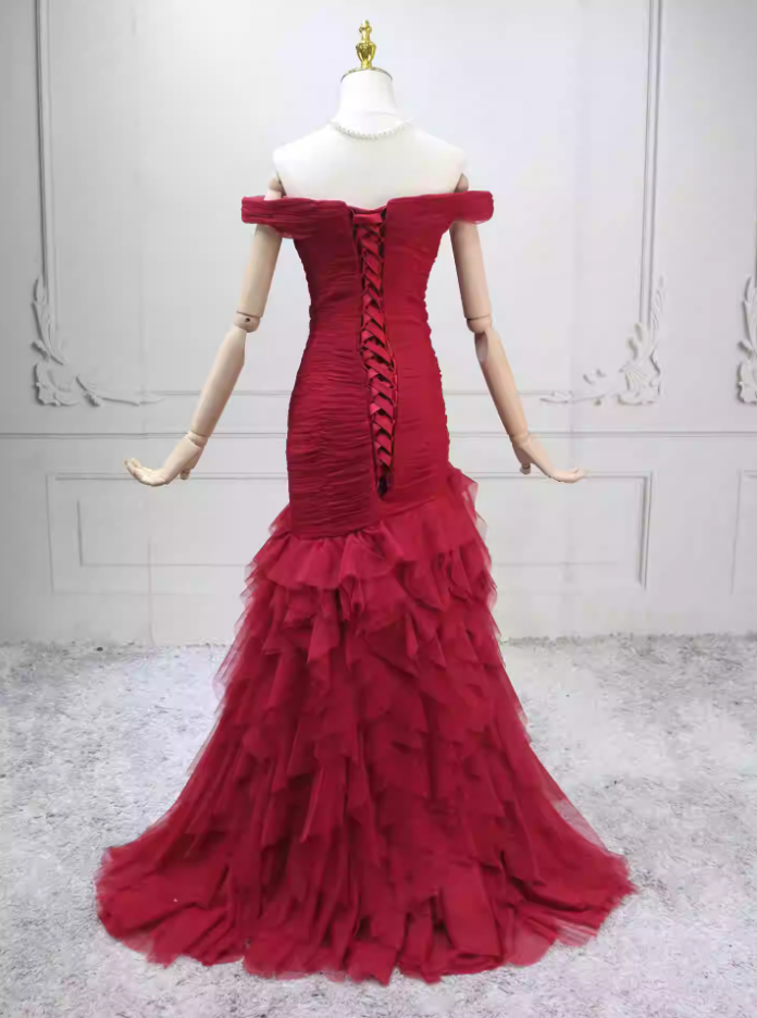 Sexy Off-the-Shoulder Red Prom Dress Tulle Mermaid Formal Dress C8279