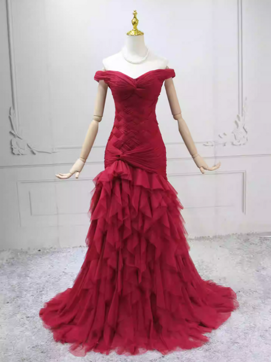 Sexy Off-the-Shoulder Red Prom Dress Tulle Mermaid Formal Dress C8279