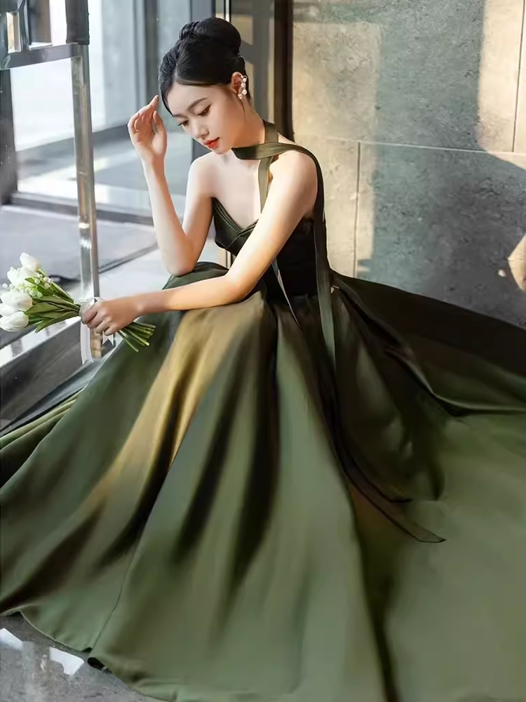 Sexy A line Sweetheart Satin Green Long Prom Dress C827