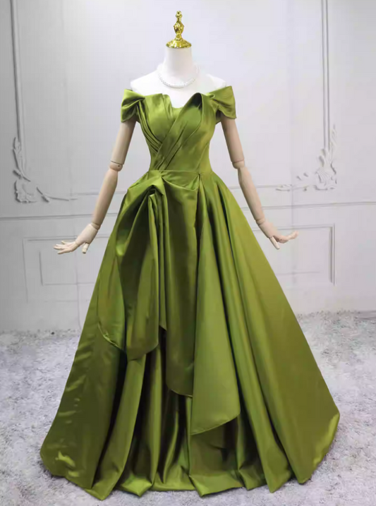 Lovely Off-the-Shoulder Green Ball Gown Ruched Satin Sweet 16 Dresses C8282