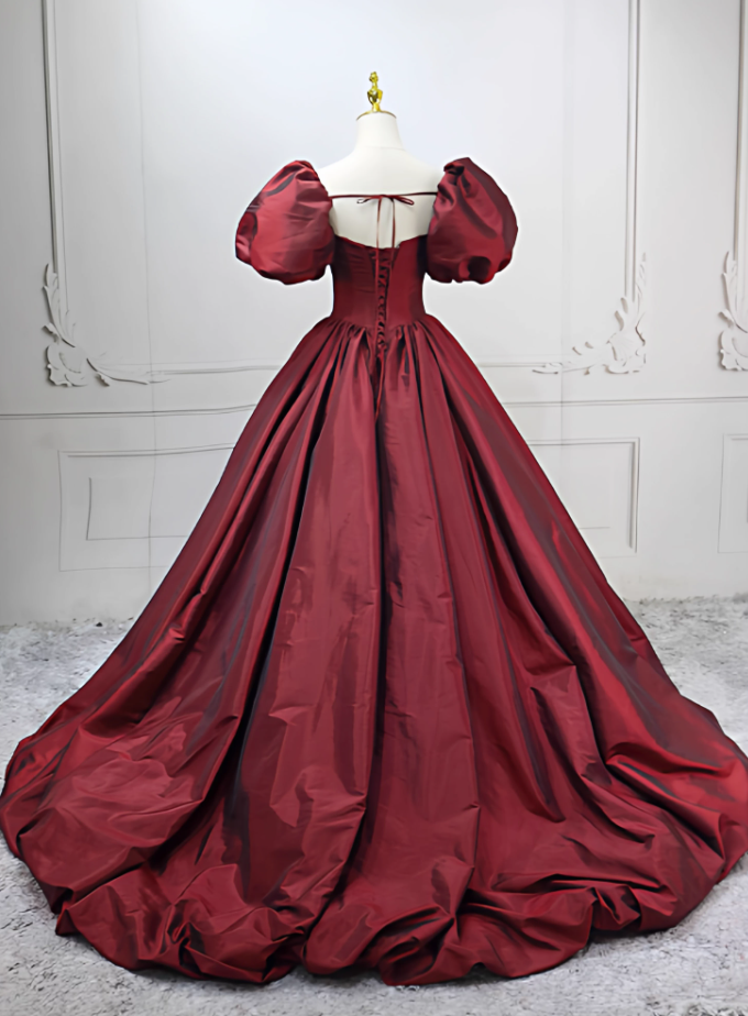 Classical Short Sleeve Red Ball Gown Square Neck Satin Sweet 16 Dresses C8283