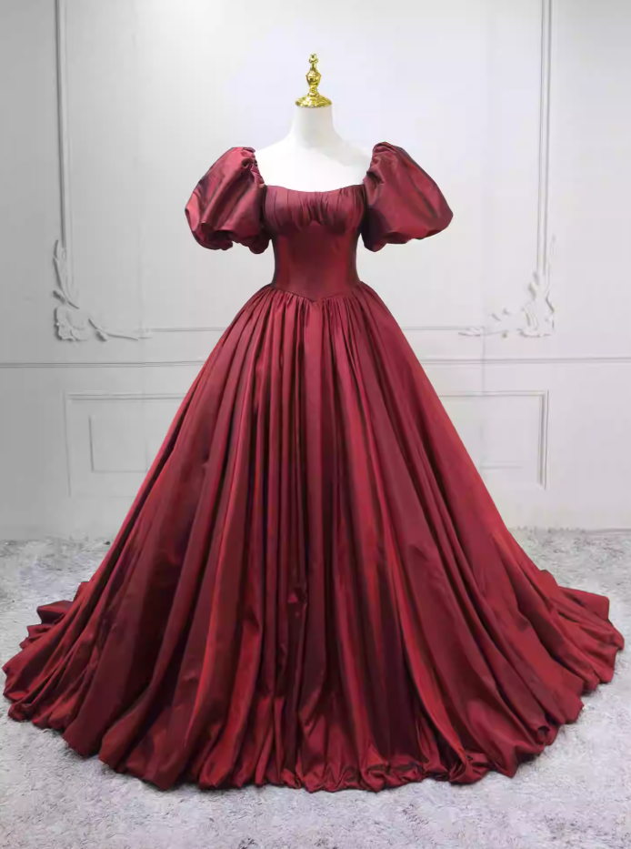 Classical Short Sleeve Red Ball Gown Square Neck Satin Sweet 16 Dresses C8283