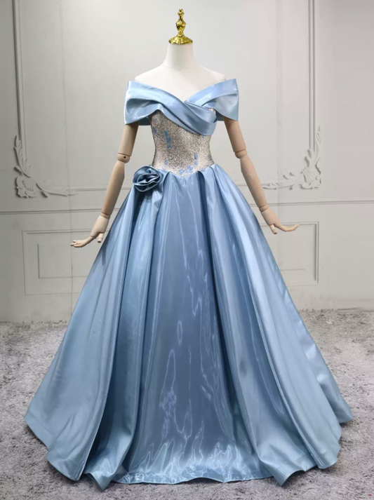 Lustrous Off-the-Shoulder Blue Ball Gown Satin 3D Floral Sweet 16 Dresses C8287