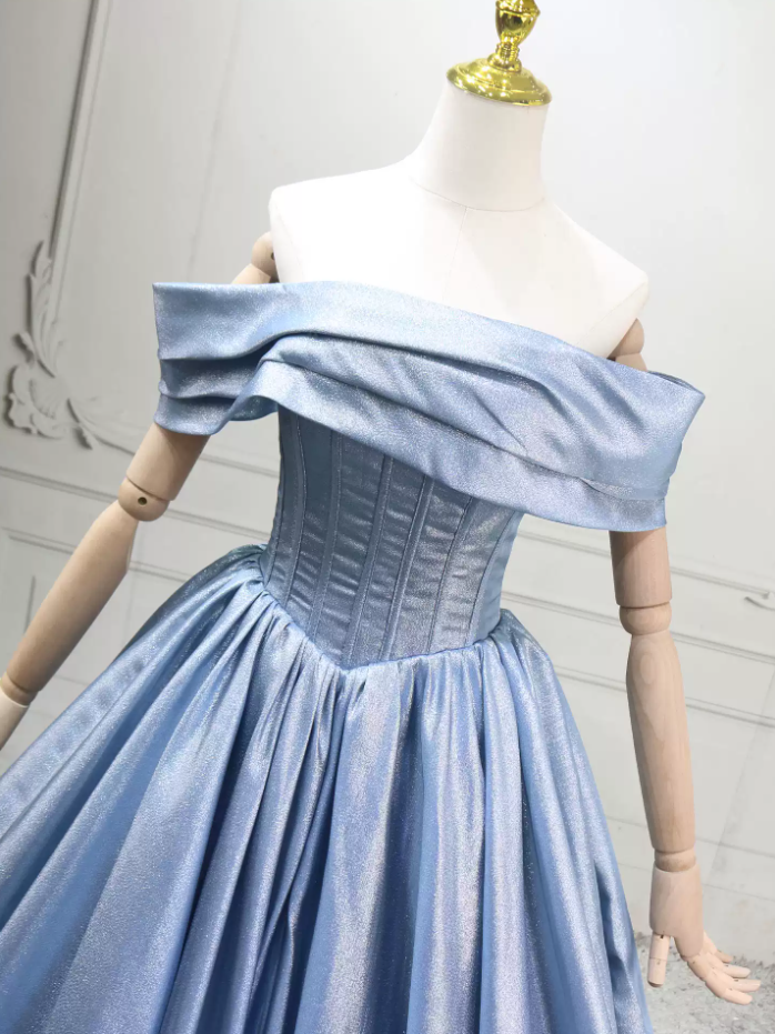 Classical Off-the-Shoulder Ball Gown Blue Satin Sweet 16 Dresses C8288