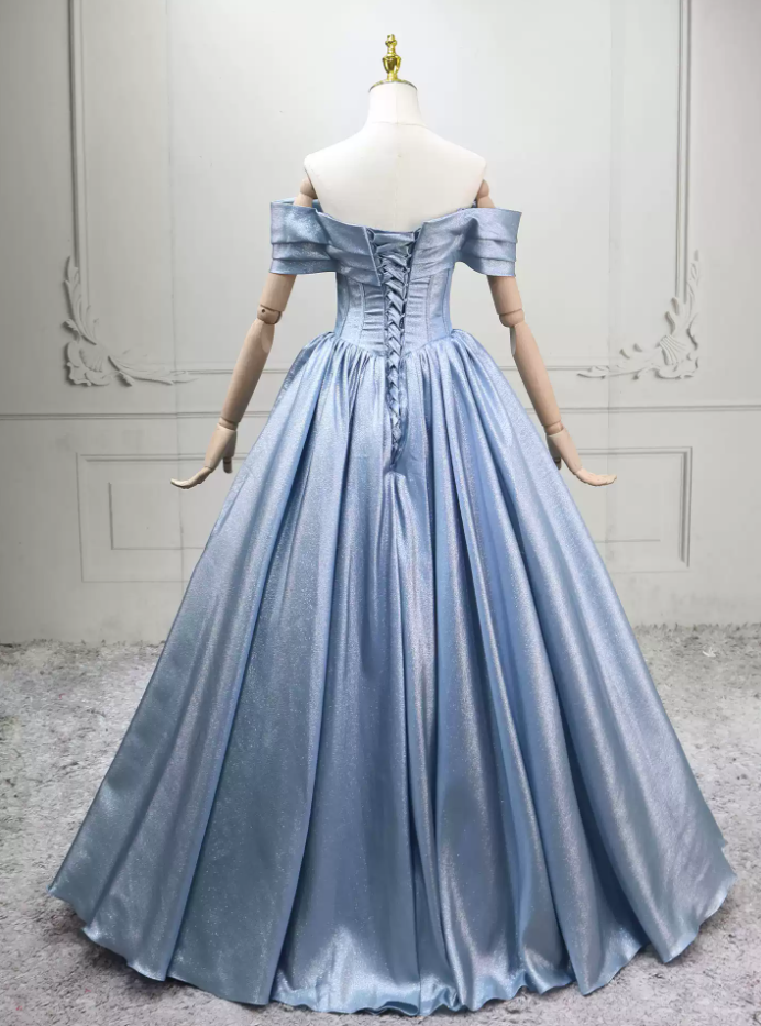 Classical Off-the-Shoulder Ball Gown Blue Satin Sweet 16 Dresses C8288