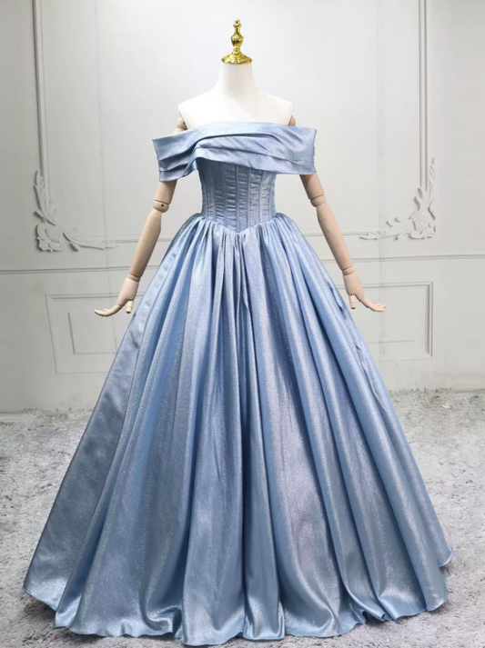 Classical Off-the-Shoulder Ball Gown Blue Satin Sweet 16 Dresses C8288