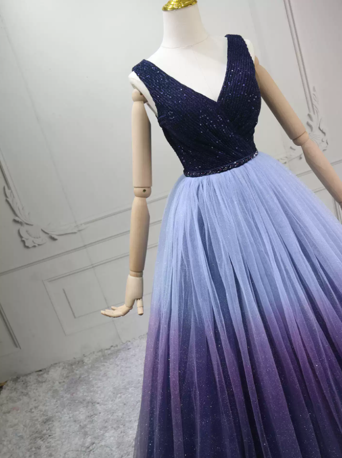 Luxury V Neck Blue & Purple Ball Gown Gradient Tulle Sequins Sweet 16 Dresses C8289