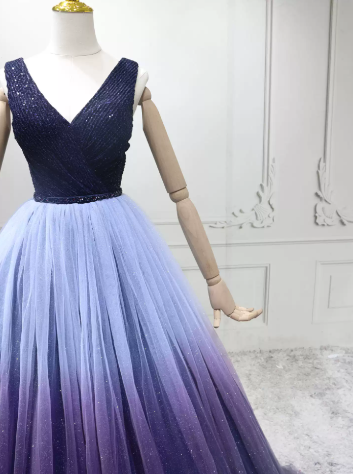 Luxury V Neck Blue & Purple Ball Gown Gradient Tulle Sequins Sweet 16 Dresses C8289