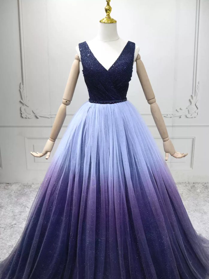 Luxury V Neck Blue & Purple Ball Gown Gradient Tulle Sequins Sweet 16 Dresses C8289