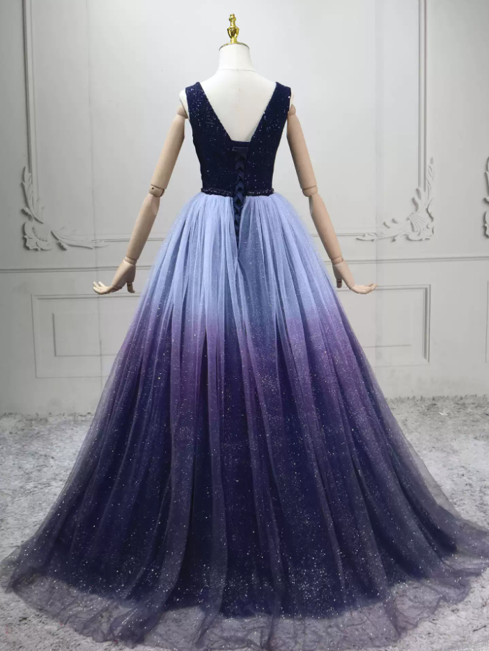 Luxury V Neck Blue & Purple Ball Gown Gradient Tulle Sequins Sweet 16 Dresses C8289