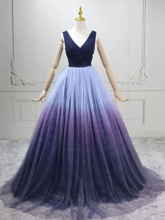 Luxury V Neck Blue & Purple Ball Gown Gradient Tulle Sequins Sweet 16 Dresses C8289