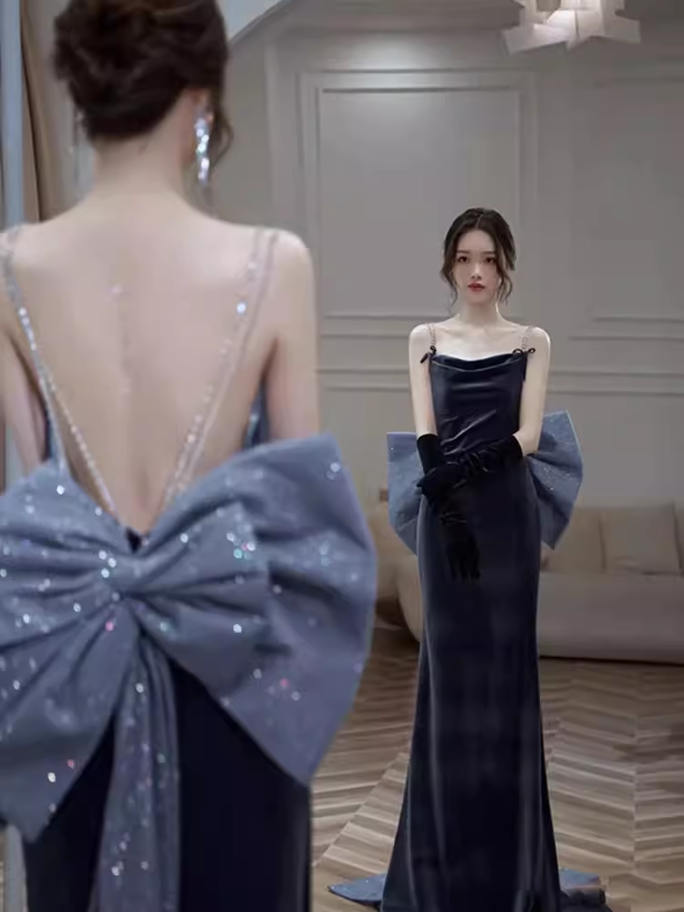 Sexy Mermaid Straps Velvet Navy Blue Long Prom Dress C828