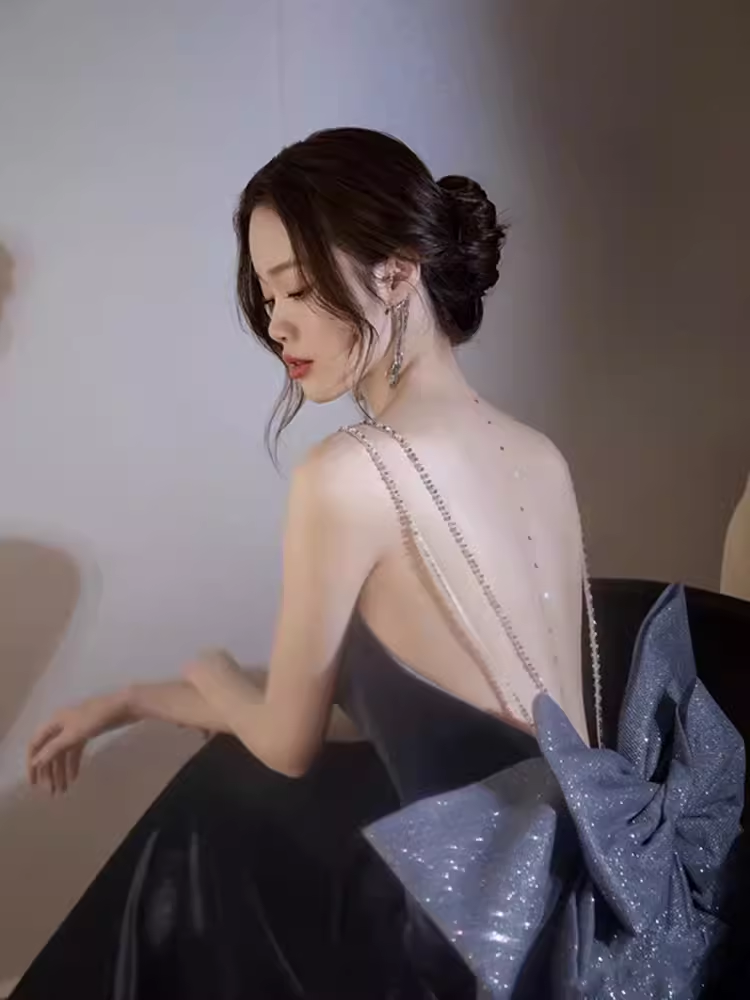 Sexy Mermaid Straps Velvet Navy Blue Long Prom Dress C828