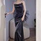 Sexy Mermaid Straps Velvet Navy Blue Long Prom Dress C828