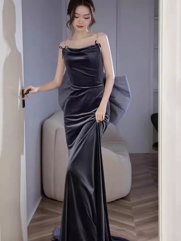 Sexy Mermaid Straps Velvet Navy Blue Long Prom Dress C828