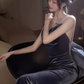 Sexy Mermaid Straps Velvet Navy Blue Long Prom Dress C828