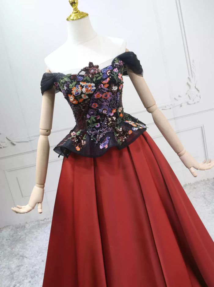 Sleek Off-the-Shoulder Red Ball Gown Floral Sequins Sweet 16 Dresses C8292