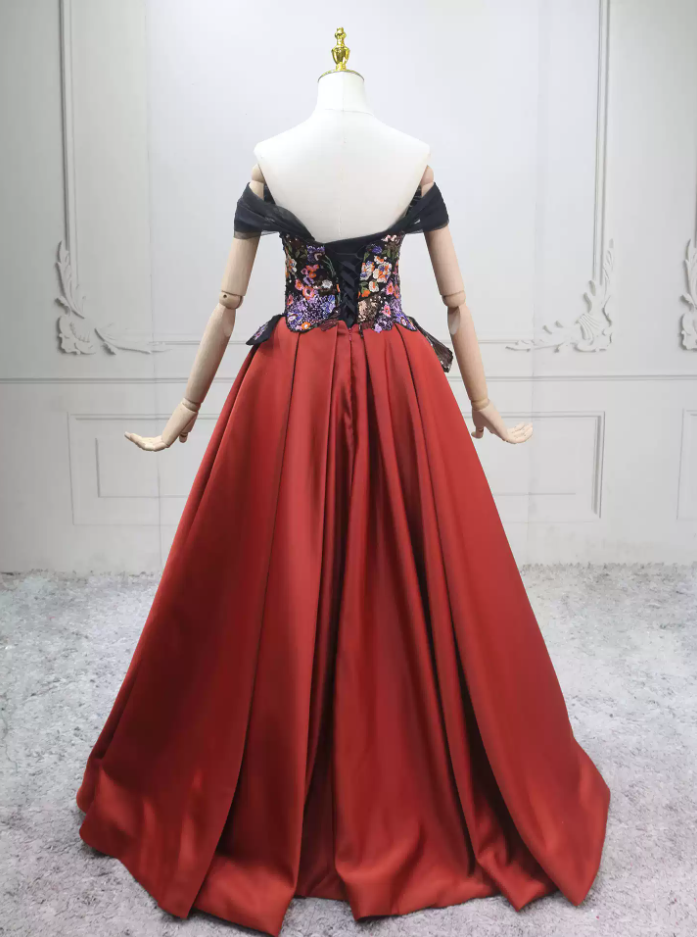 Sleek Off-the-Shoulder Red Ball Gown Floral Sequins Sweet 16 Dresses C8292