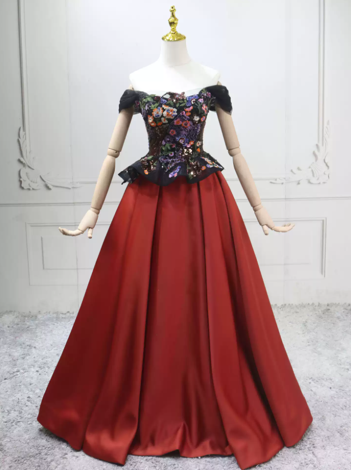 Sleek Off-the-Shoulder Red Ball Gown Floral Sequins Sweet 16 Dresses C8292