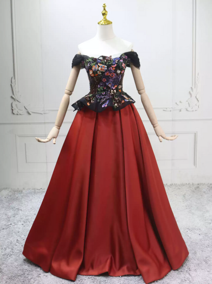 Sleek Off-the-Shoulder Red Ball Gown Floral Sequins Sweet 16 Dresses C8292