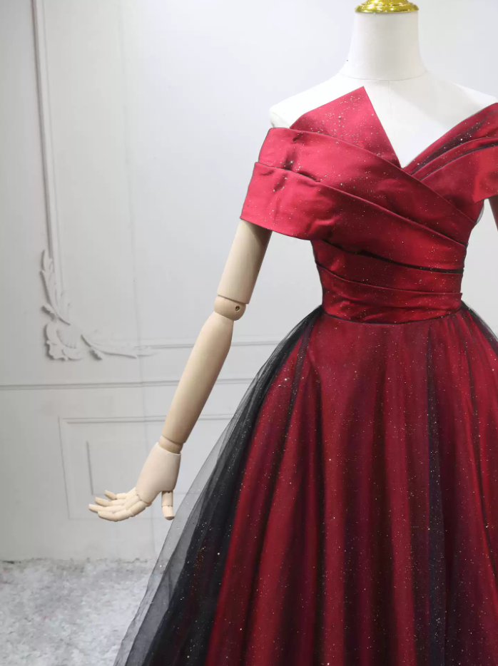 Glittering Off-the-Shoulder Red Ball Gown  Sequins Tulle Satin Sweet 16 Dresses C8293