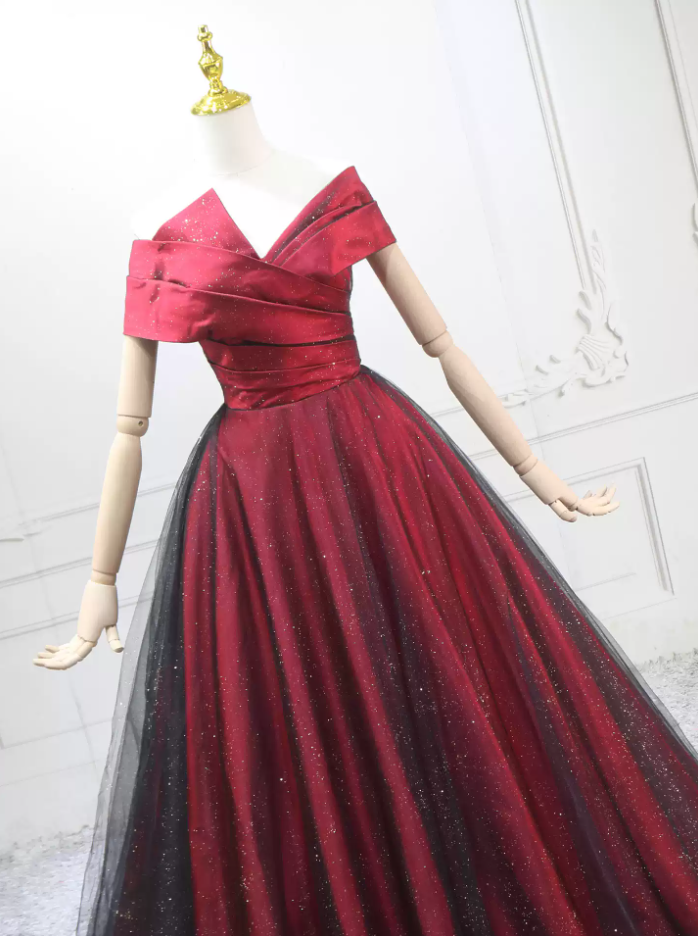 Glittering Off-the-Shoulder Red Ball Gown  Sequins Tulle Satin Sweet 16 Dresses C8293