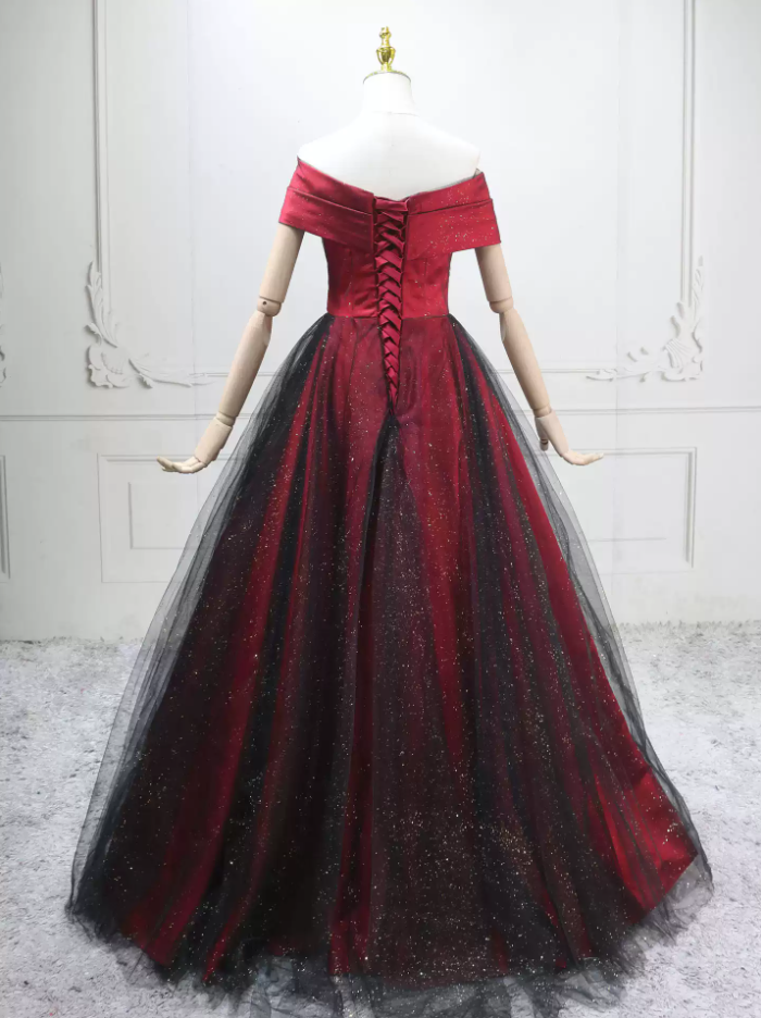 Glittering Off-the-Shoulder Red Ball Gown  Sequins Tulle Satin Sweet 16 Dresses C8293