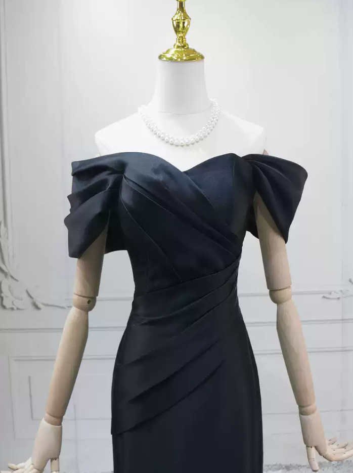 Simple Off-the-Shoulder Black  Prom Dress Satin Mermaid Formal Dress C8295