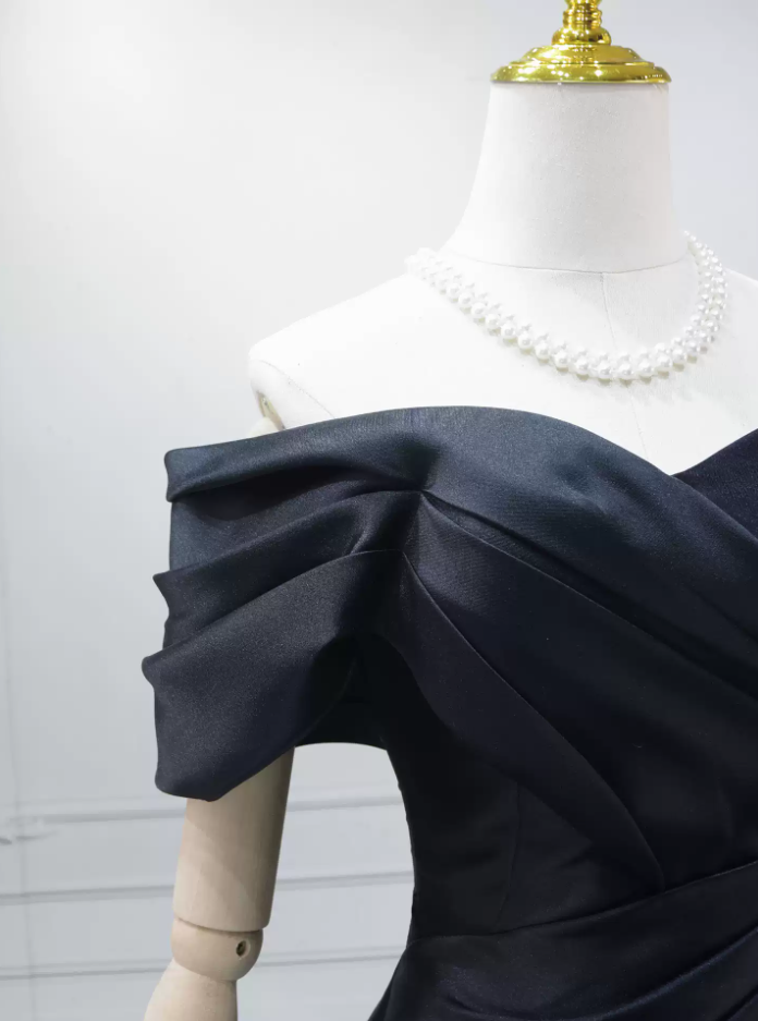 Simple Off-the-Shoulder Black  Prom Dress Satin Mermaid Formal Dress C8295