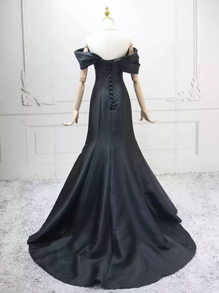 Simple Off-the-Shoulder Black  Prom Dress Satin Mermaid Formal Dress C8295