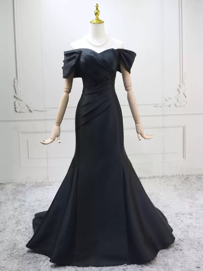 Simple Off-the-Shoulder Black  Prom Dress Satin Mermaid Formal Dress C8295
