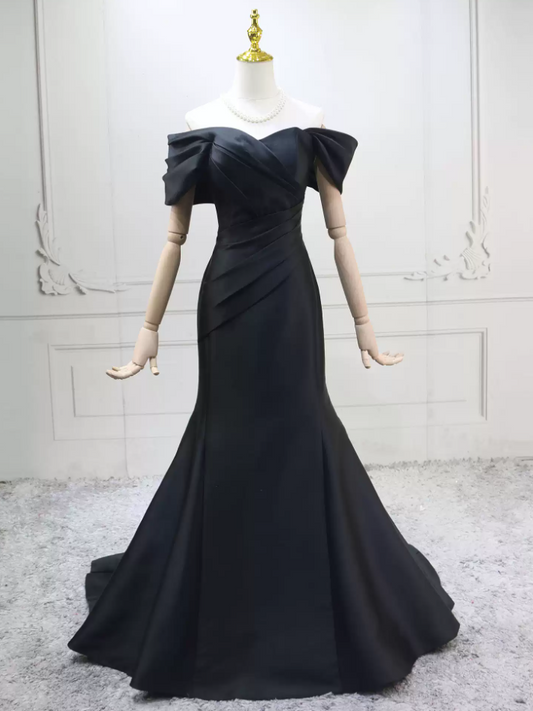 Simple Off-the-Shoulder Black  Prom Dress Satin Mermaid Formal Dress C8295