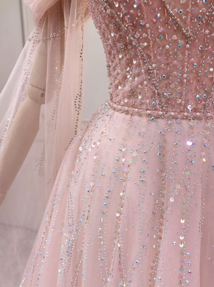 Cute Off-the-Shoulder Pink Ball Gown Long Sleeve Beading Tulle Sweet 16 Dresses C8297